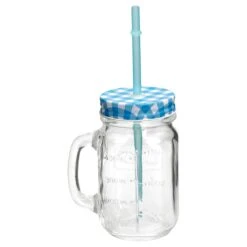 Glasbecher Mit Henkel, Deckel Und Trinkhalm Inkl. Rezeptheft - Blau Kariert - 0,5 Liter Trinkbecher / Trinkglas Mit Relief -Tischzauber Verkaufsgeschäft 1eef10d4 d65a 401a 8216 cad0b15bbf13
