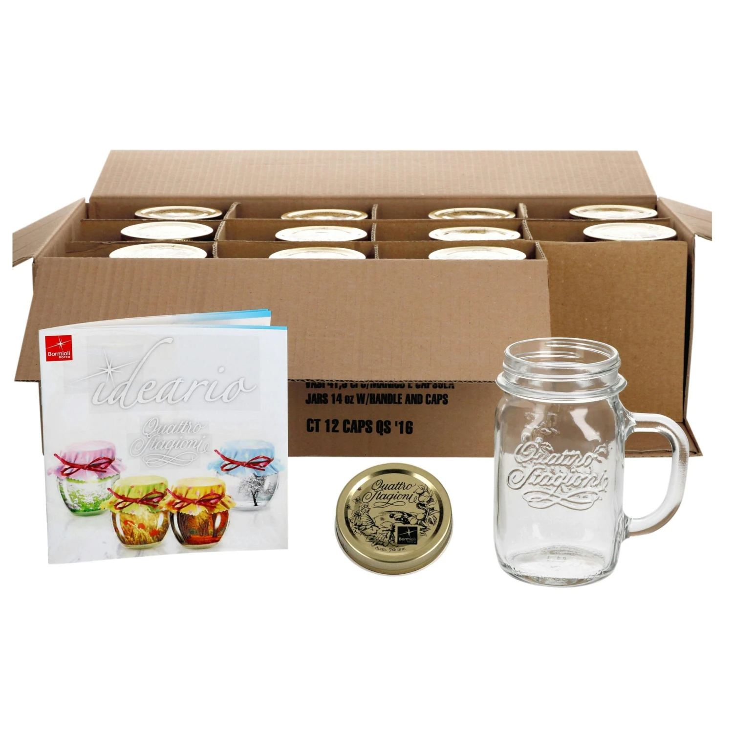 4er Set Trinkglas Mit Henkel Und Deckel Original Quattro Stagioni Glas 0,415L - Inkl. Bormioli Rezeptheft 4 4er Set Trinkglas Mit Henkel Und Deckel Original Quattro Stagioni Glas 0,415L - Inkl. Bormioli Rezeptheft – Bild 4