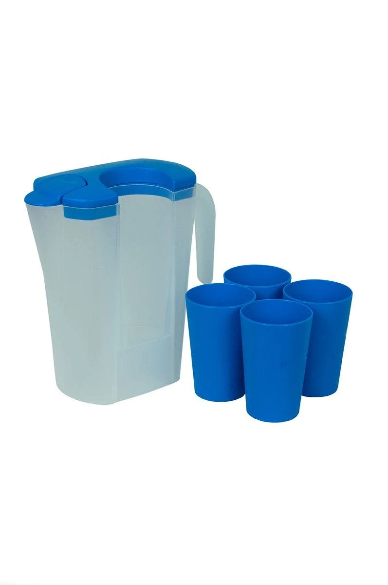 Saftkrug Karaffe Krug Mit Pendel-Ausguss Und 4 Becher Kunststoff 1 Saftkrug Karaffe Krug Mit Pendel-Ausguss Und 4 Becher Kunststoff