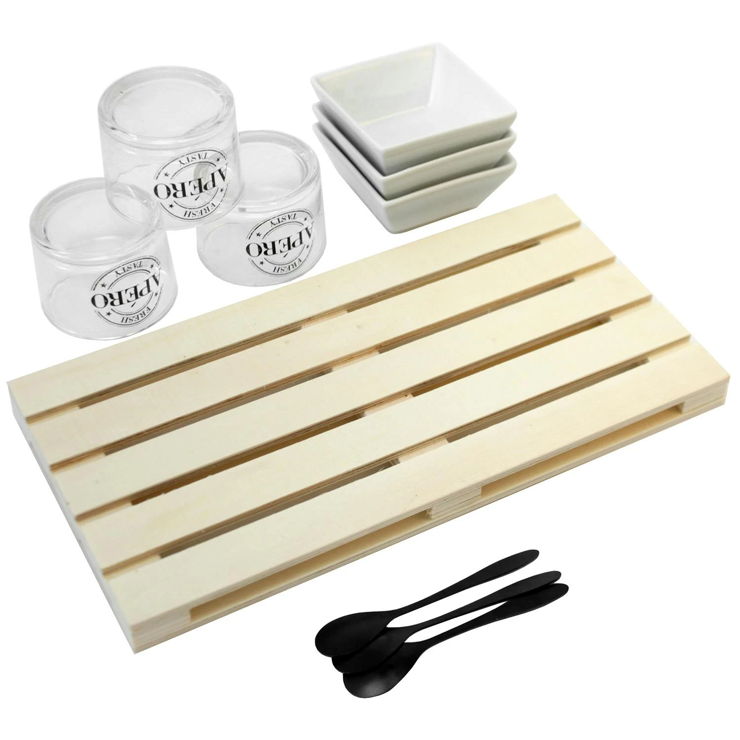 10tlg. Vorspeisen-Set Mit Holztablett, Glasbecher, Keramikschalen Und Löffel 6 10tlg. Vorspeisen-Set Mit Holztablett, Glasbecher, Keramikschalen Und Löffel – Bild 6