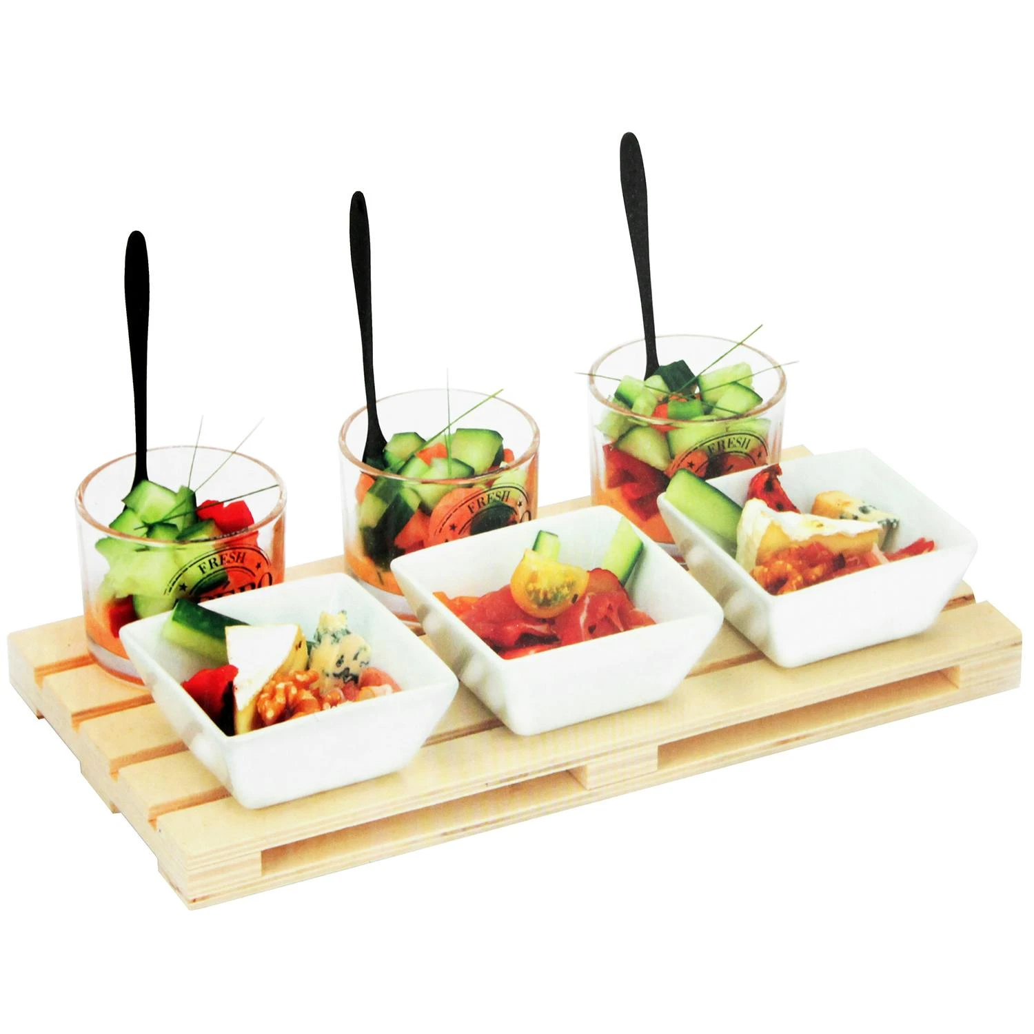 10tlg. Vorspeisen-Set Mit Holztablett, Glasbecher, Keramikschalen Und Löffel 7 10tlg. Vorspeisen-Set Mit Holztablett, Glasbecher, Keramikschalen Und Löffel – Bild 7