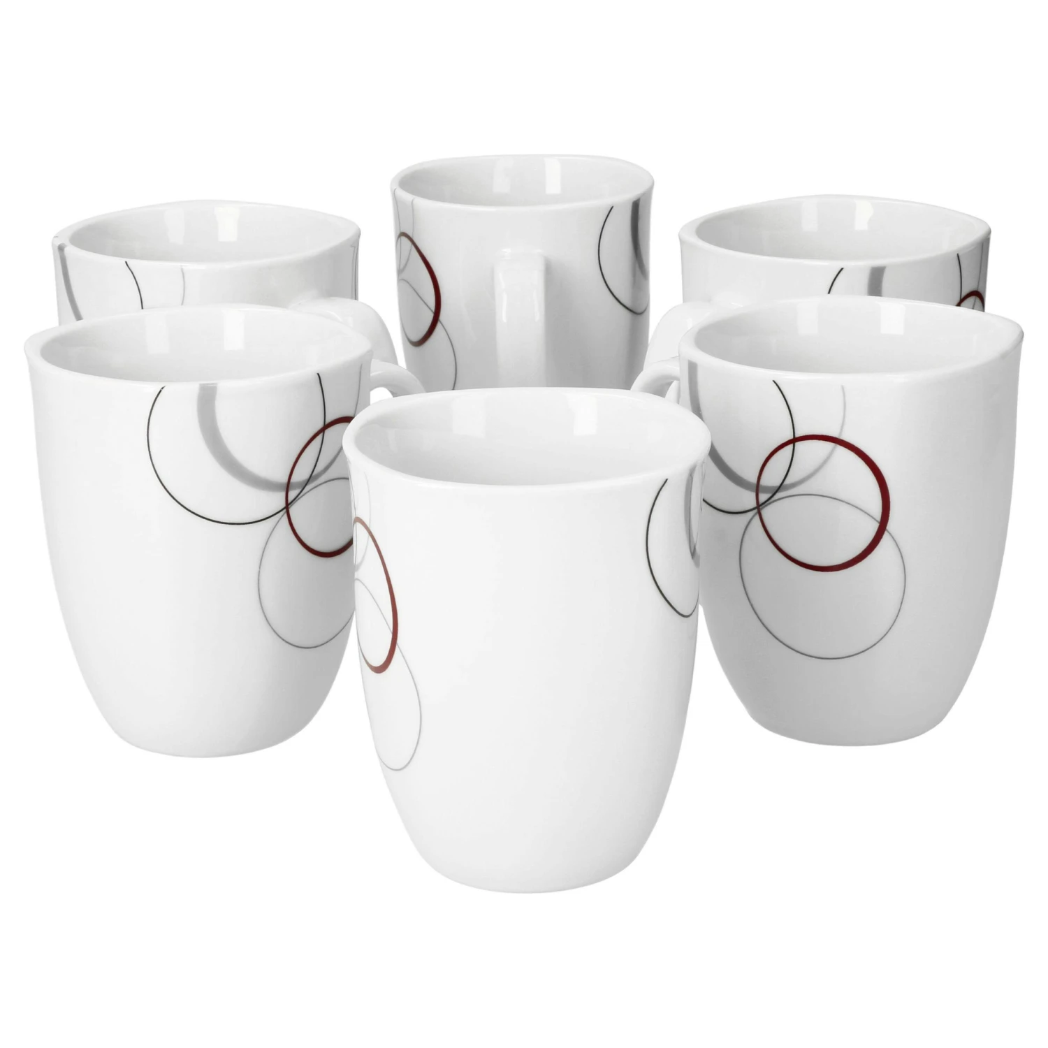6er Set Kaffeebecher Palazzo 33cl - Kaffeetasse Aus Weißem Porzellan Mit Dekor-Kreisen In Grau Und Dunkelrot 1 6er Set Kaffeebecher Palazzo 33cl - Kaffeetasse Aus Weißem Porzellan Mit Dekor-Kreisen In Grau Und Dunkelrot
